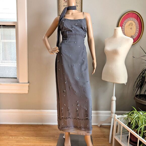 Vintage Y2K Phoebe Maxi Dress Gray Beaded Fairycore Regency Prom Size 10P - Picture 13 of 14